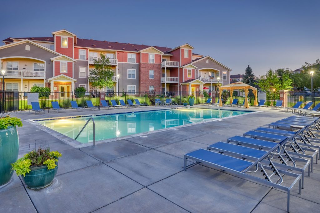 Swimming pool at dusk at Bear Valley Park in Denver, Colorado